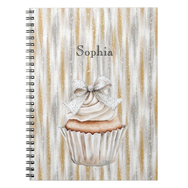 Carnet Nœud de Cupcake Blanc Rayures Or Argent Pailleté   (Devant)