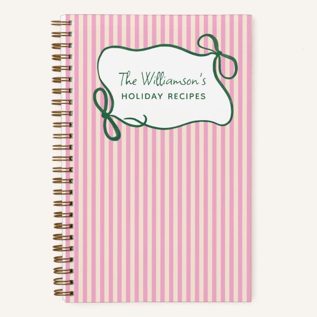 Carnet Nœud rayé vert rose Recette personnalisée de Noël (Recto)