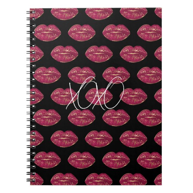Carnet Noir avec des lèvres rouges XOXO (Devant)