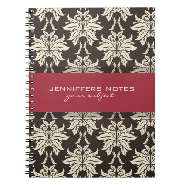 Carnet Noir Beige Et Bourgogne Rouge Floral Damas (Devant)