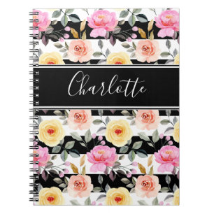 Carnet Noir Blanc Blush Jaune Rose Floral Nom du script
