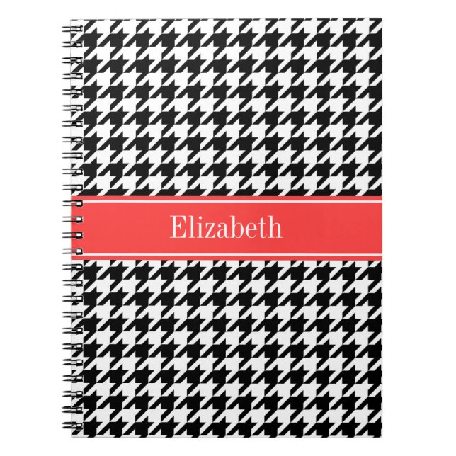 Carnet Noir Blanc Cannelé Corail Rouge Monogramme Nom (Devant)