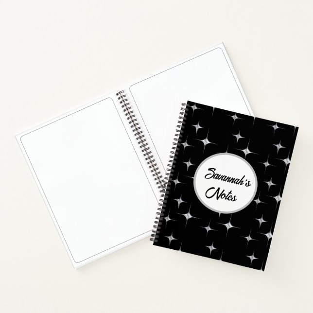 Carnet Noir Blanc Fancy Faux Diamant Design Nom personnal (Intérieur)