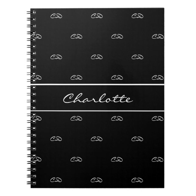 Carnet Noir blanc monogramme initiales motif nom script (Devant)
