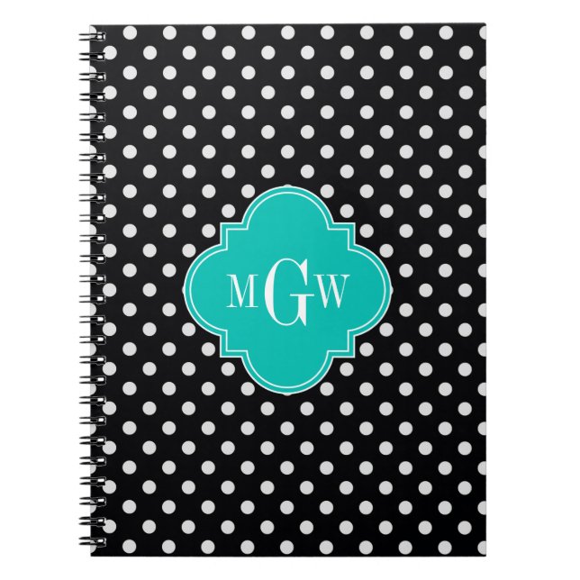 Carnet Noir Blanc Pois Turquoise Quatrefoil 3 Monogramme (Devant)