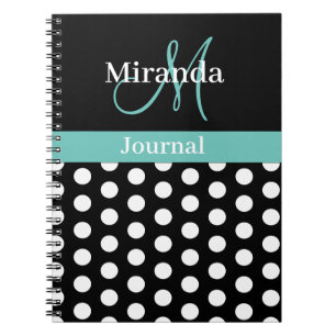 Carnet Noir Blanc Turquoise Vert Monogramme Script Polka