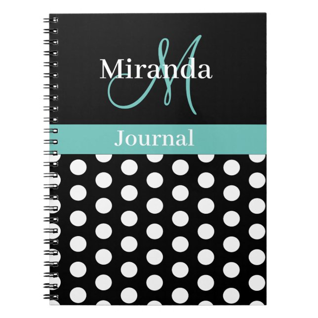 Carnet Noir Blanc Turquoise Vert Monogramme Script Polka  (Devant)