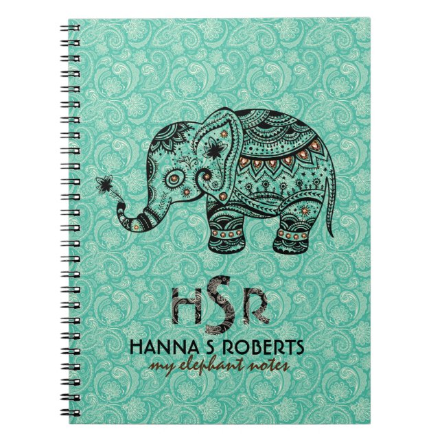 Carnet Noir & Bleu Vert Rétro Floral & Eléphant (Devant)