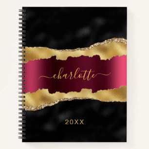 Carnet Noir bordeaux or agate marbre nom script