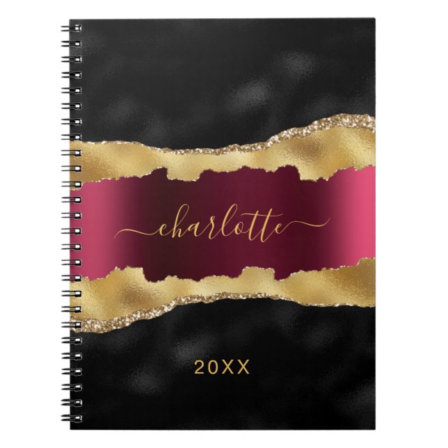 Carnet Noir bordeaux or agate marbre nom script (Devant)