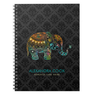 Carnet Noir Damas Coloré Eléphant Floral 2