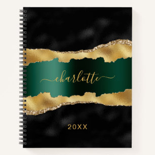 Carnet Noir émeraude vert or agate marbre nom script