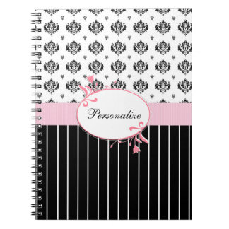 Carnet Noir Et Blanc Damas Chic Rose Floral Avec Nom