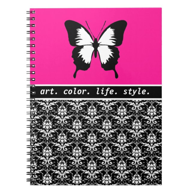 Carnet Noir et blanc et rose avec des ailes faites sur (Devant)