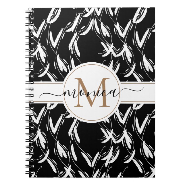 Carnet Noir et blanc Floral Botanical Gold Monogramme (Devant)