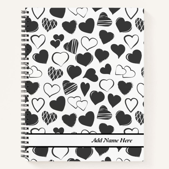 Carnet Noir et Coeur Blanc moderne Nom personnalisable (Devant)