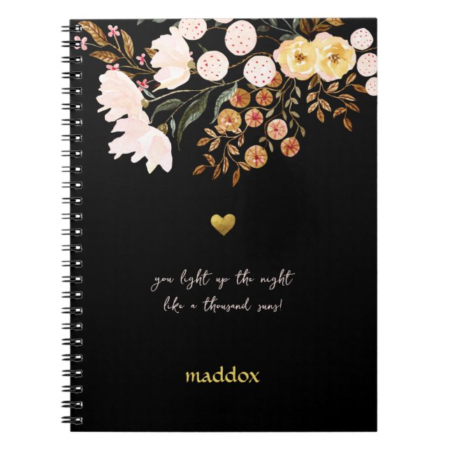 Carnet Noir et fleurs personnalisés (Devant)