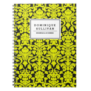 Carnet Noir et Jaune Damas Floral Personnalisé