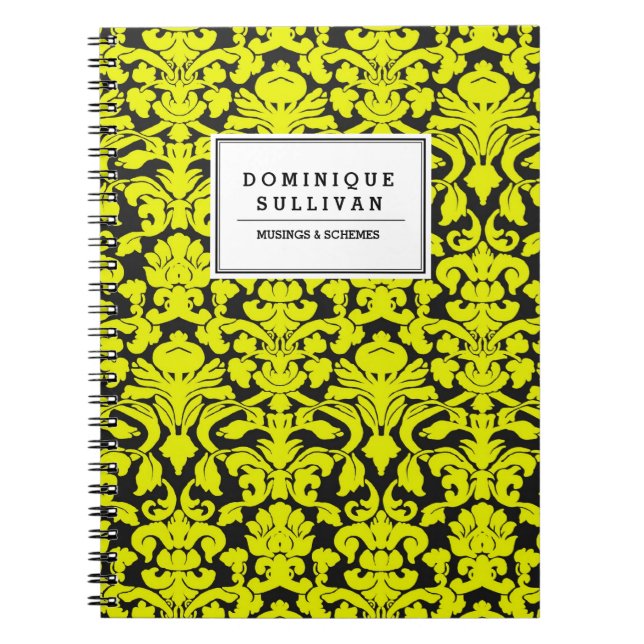 Carnet Noir et Jaune Damas Floral Personnalisé (Devant)