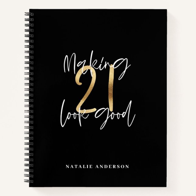 Carnet Noir et or 21e anniversaire script moderne design (Devant)