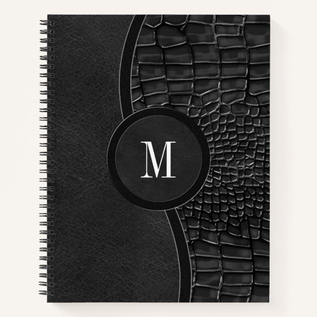 Carnet Noir Faux Alligator Cuir Peau Luxe Monogramme (Devant)