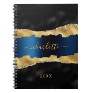 Carnet Noir marine bleu or agate marbre nom script