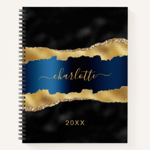Carnet Noir marine bleu or agate marbre nom script