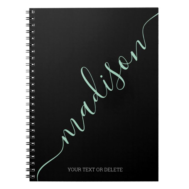 Carnet Noir moderne Mint Vert Nom manuscrit Monogramme (Devant)