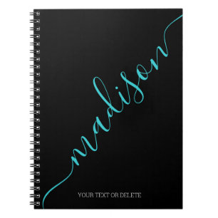 Carnet Noir moderne Turquoise Nom manuscrit Monogramme