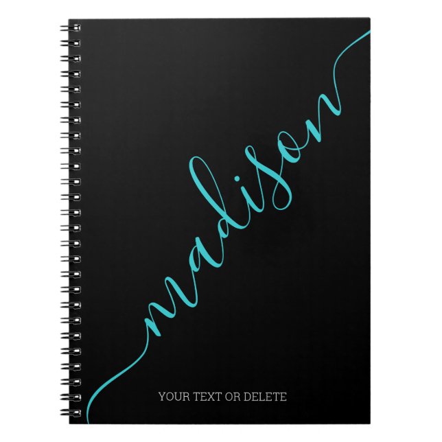 Carnet Noir moderne Turquoise Nom manuscrit Monogramme (Devant)