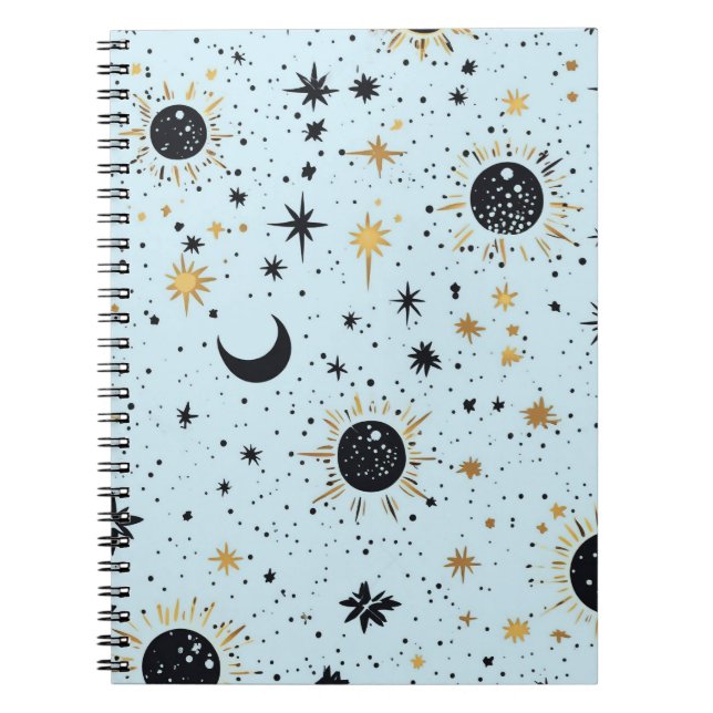 Carnet Noir, Or et Bleu Soleil Lune Étoiles Célestes (Devant)
