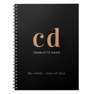 Carnet Noir or monogramme initiales nom minimaliste