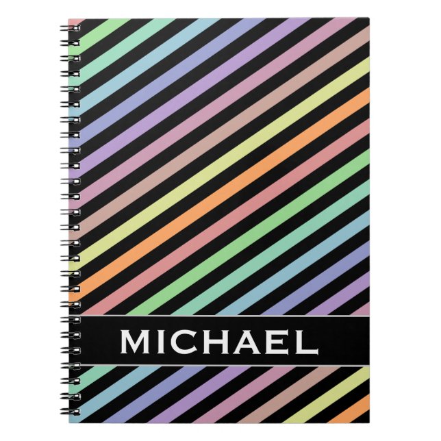 Carnet Noir & Pastel Couleur Lignes Motif + Nom personnal (Devant)