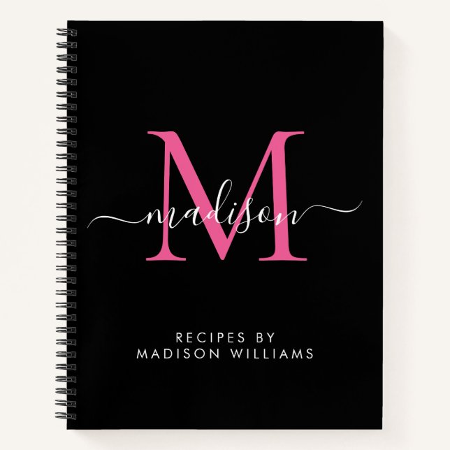 Carnet Noir rose chaud Magenta Monogramme Nom du script R (Devant)