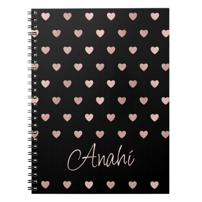 Carnet Noir Rose Gold Polka Coeurs Dot Personnalisé (Devant)