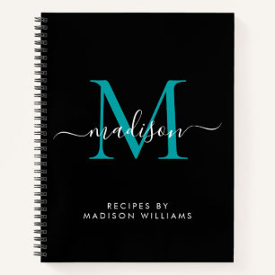 Carnet Noir Turquoise Monogramme Nom du script Recette