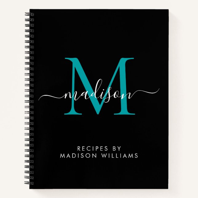 Carnet Noir Turquoise Monogramme Nom du script Recette (Devant)
