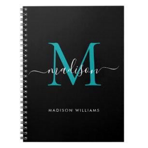 Carnet Noir Turquoise vert Monogramme Nom initial