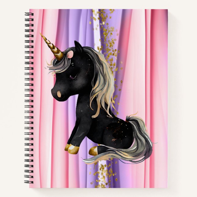 Carnet Noir Unicorne oreilles roses (Devant)