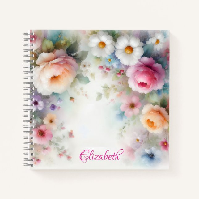 Carnet Nom Aquarelle Aquarell Fleurs Modèle Coloré (Devant)