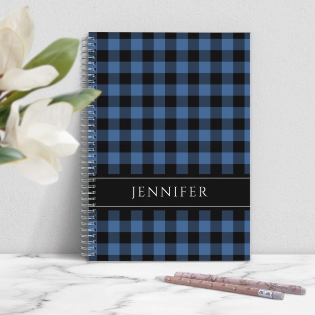 Carnet Nom Bleu et Noir Chèques Plaid En vichy Motif Non (Personalized Modern Blue Plaid Notebook)