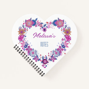 Carnet Nom bleu rose de couronne fleurie de coeur