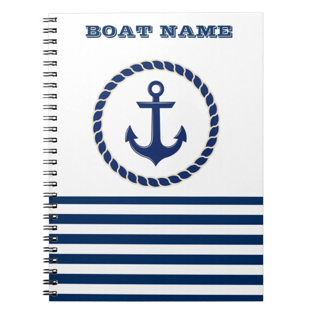 Carnet Nom de bateau nautique, ancre bleu marine rayé (Devant)