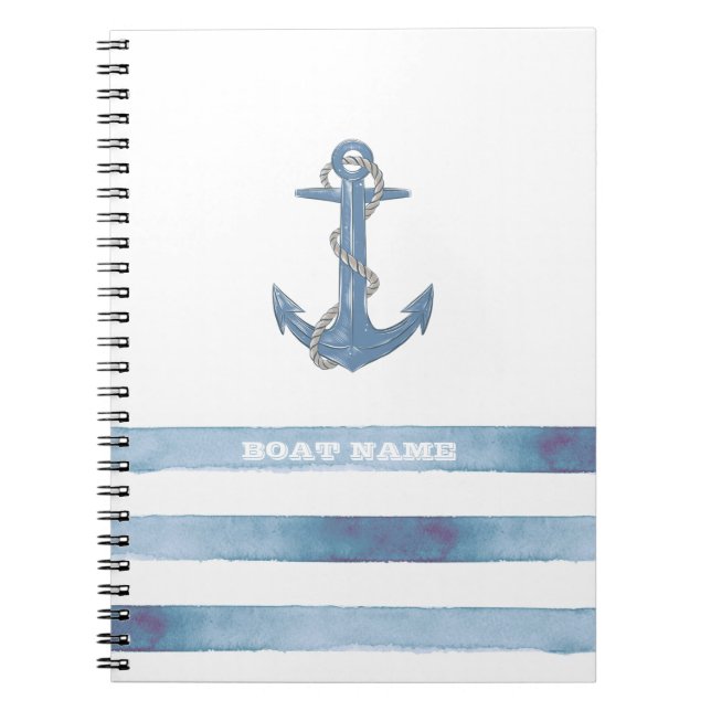Carnet Nom de bateau nautique, Ancre, Corde, Rayures bleu (Devant)