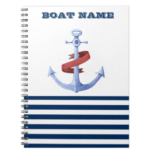Carnet Nom de bateau nautique, bleu ancre marine rayé ble