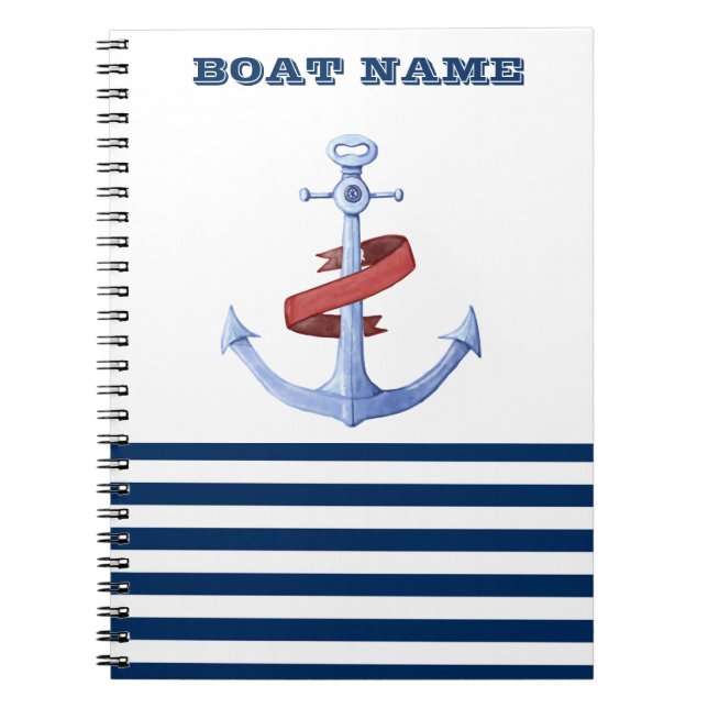 Carnet Nom de bateau nautique, bleu ancre marine rayé ble (Devant)