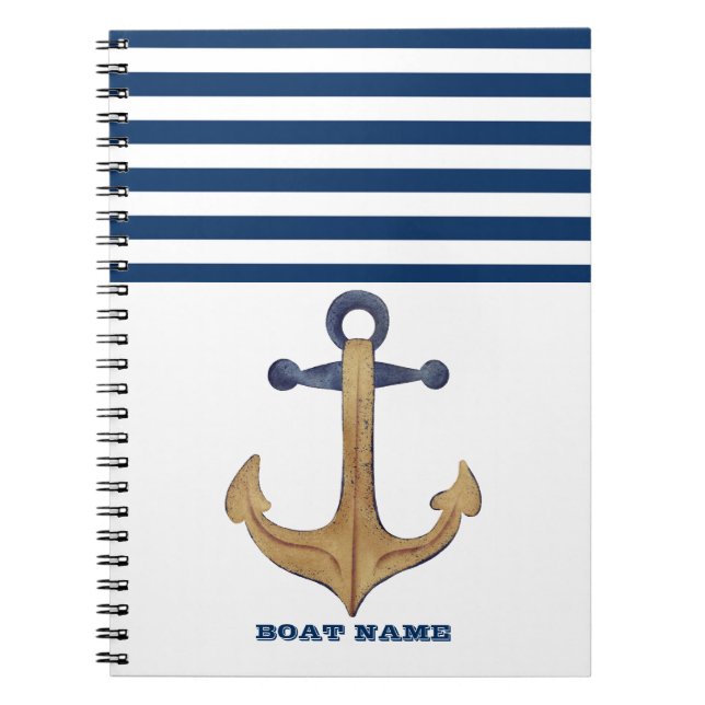 Carnet Nom de bateau nautique, Rayure bleu marine d'ancre (Devant)