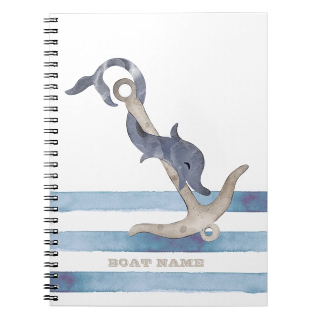 Carnet Nom de bateau nautique, rayures de dauphin d'ancre (Devant)