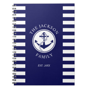 Carnet Nom de famille Ancre nautique Motif Blue Stripes