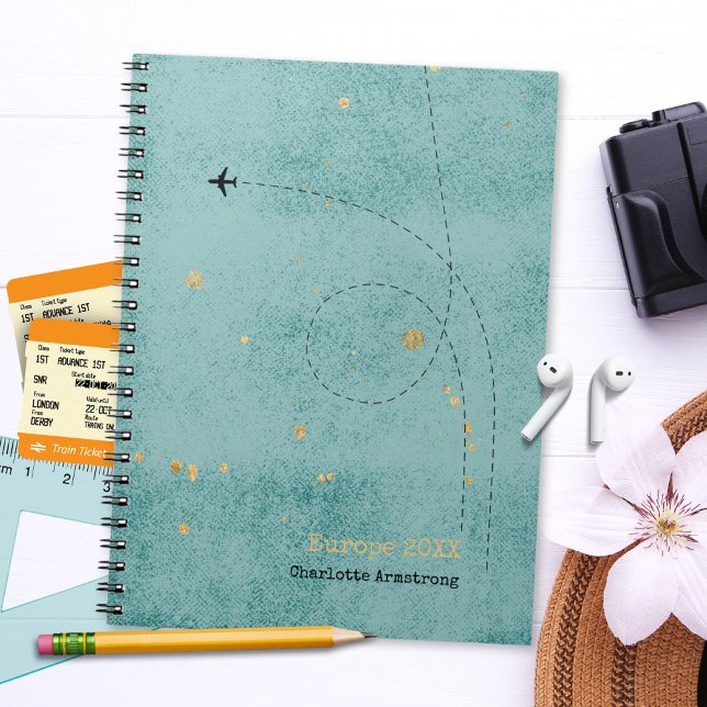 Carnet Nom de l'avion Green Blue Gold Voyage (Wanderlust Name Airplane Green Blue Gold Travel Notebook ©Susanne Sachers - Sunny Wanderlust 🌞✈️)